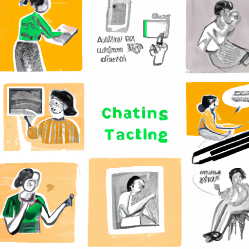 A collage of people engaging in various conversation-based activities while using ChatGPT, such as writing, tutoring, coaching, virtual assisting, and brainstorming.