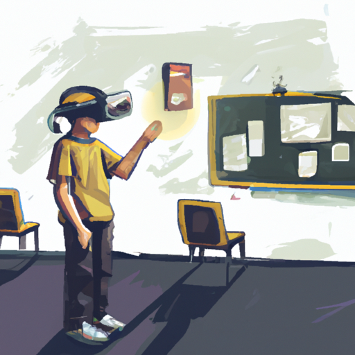 A student wearing a virtual reality headset and interacting with virtual objects in a simulated classroom environment.